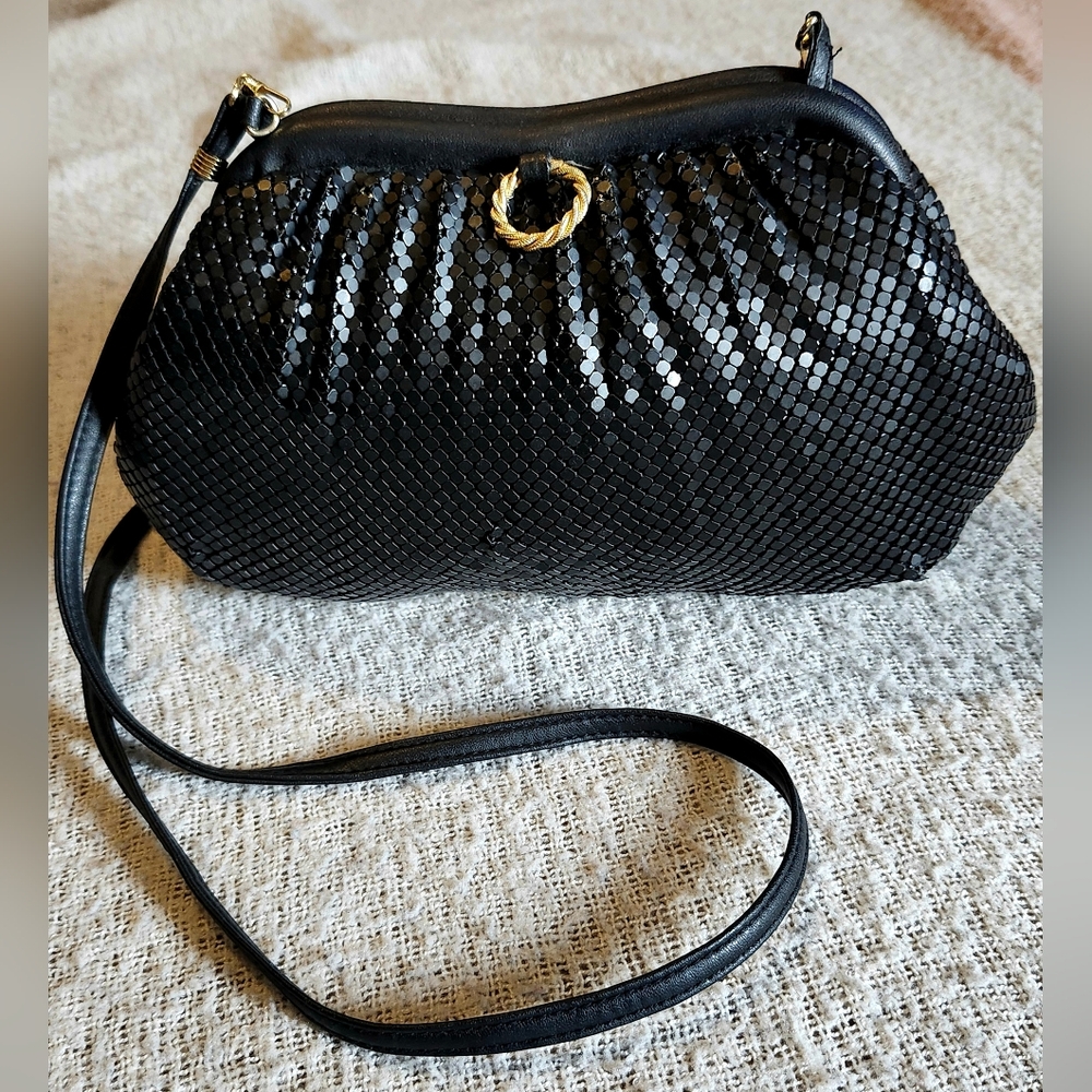 Vintage Whiting & Davis 1980s Black Metal Mesh & Leather Trim Clutch Bag - Picture 1 of 12